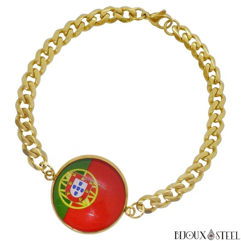 Bracelet homme maille cubaine drapeau du Portugal en acier inoxydable