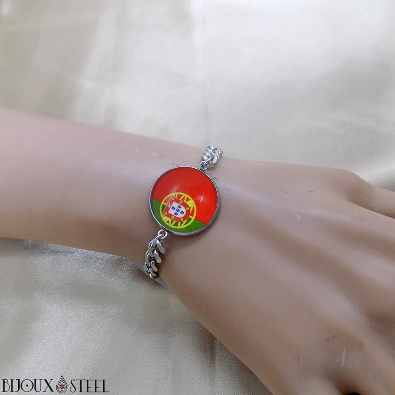 Bracelet homme maille cubaine drapeau du Portugal en acier inoxydable