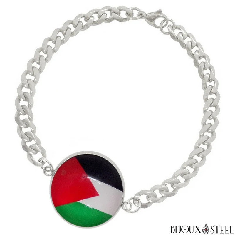 Bracelet homme maille cubaine drapeau de la Palestine en acier inoxydable