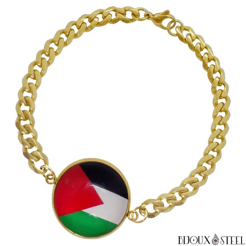 Bracelet homme maille cubaine drapeau de la Palestine en acier inoxydable
