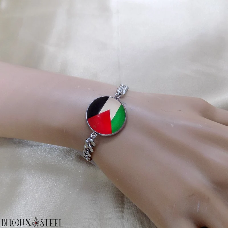 Bracelet homme maille cubaine drapeau de la Palestine en acier inoxydable
