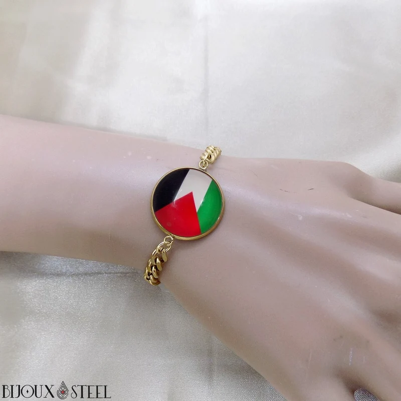 Bracelet homme maille cubaine drapeau de la Palestine en acier inoxydable
