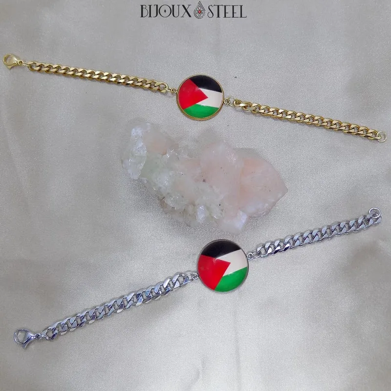 Bracelet homme maille cubaine drapeau de la Palestine en acier inoxydable