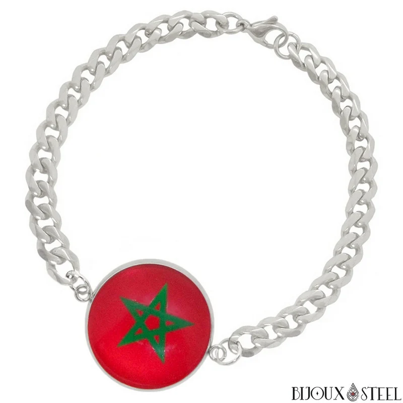 Bracelet homme maille cubaine drapeau du Maroc en acier inoxydable
