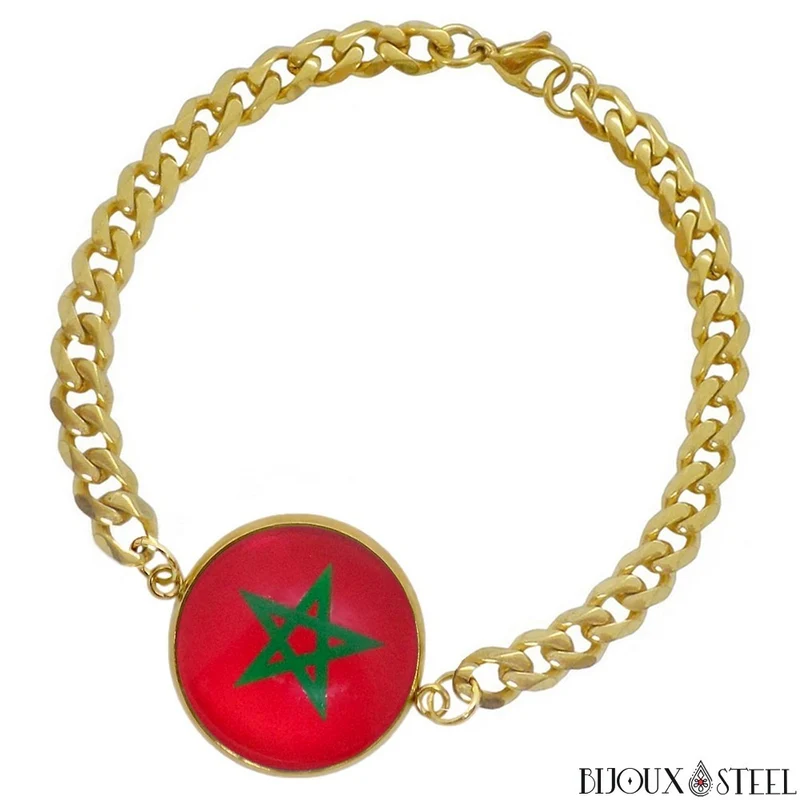 Bracelet homme maille cubaine drapeau du Maroc en acier inoxydable