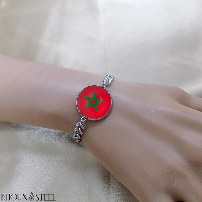 Bracelet homme maille cubaine drapeau du Maroc en acier inoxydable