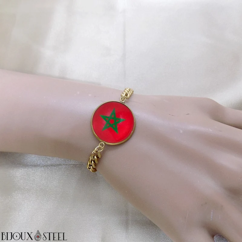 Bracelet homme maille cubaine drapeau du Maroc en acier inoxydable