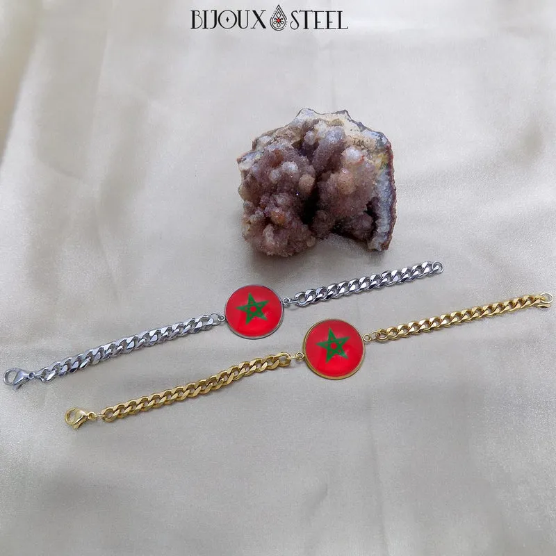 Bracelet homme maille cubaine drapeau du Maroc en acier inoxydable