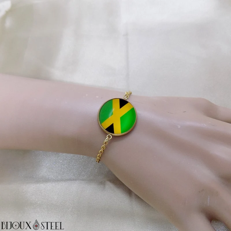 Bracelet femme drapeau de la Jamaïque en acier inoxydable