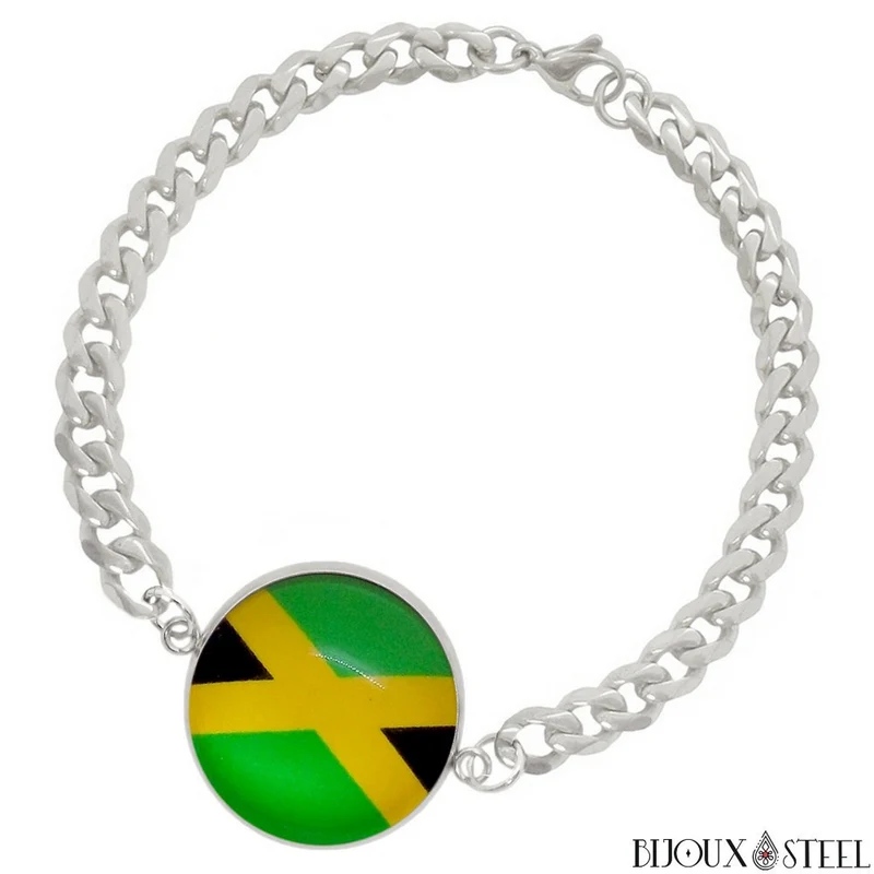 Bracelet homme maille cubaine drapeau de la Jamaïque en acier inoxydable