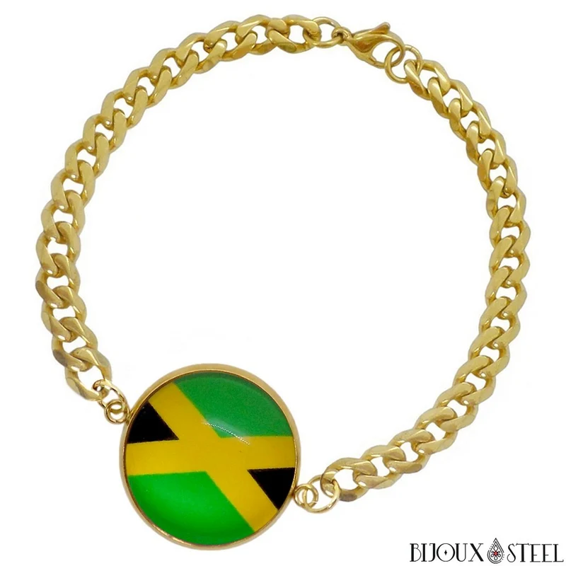 Bracelet homme maille cubaine drapeau de la Jamaïque en acier inoxydable
