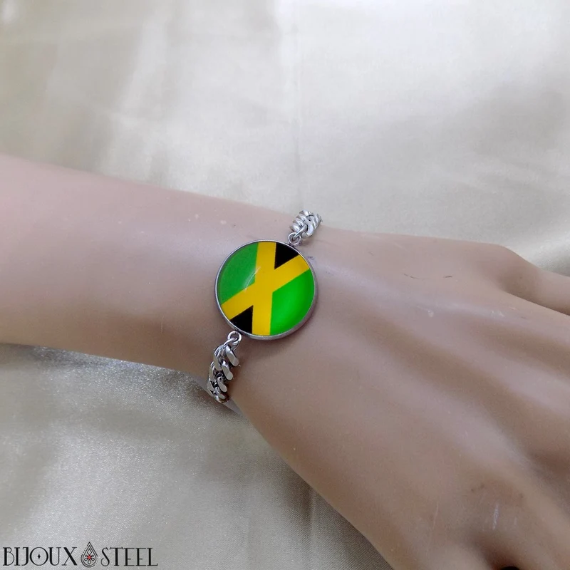 Bracelet homme maille cubaine drapeau de la Jamaïque en acier inoxydable