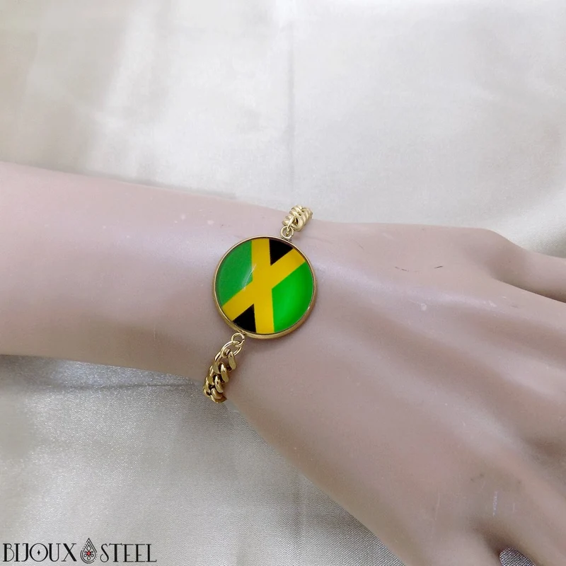 Bracelet homme maille cubaine drapeau de la Jamaïque en acier inoxydable