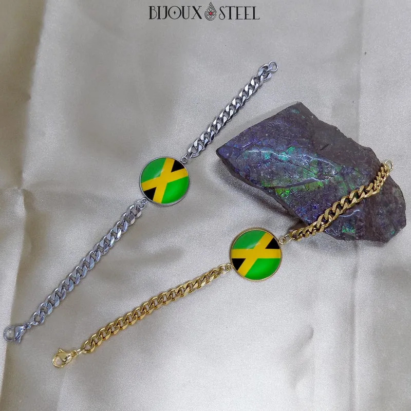 Bracelet homme maille cubaine drapeau de la Jamaïque en acier inoxydable