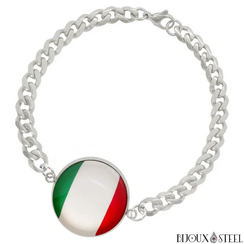 Bracelet homme maille cubaine drapeau de l'Italie en acier inoxydable