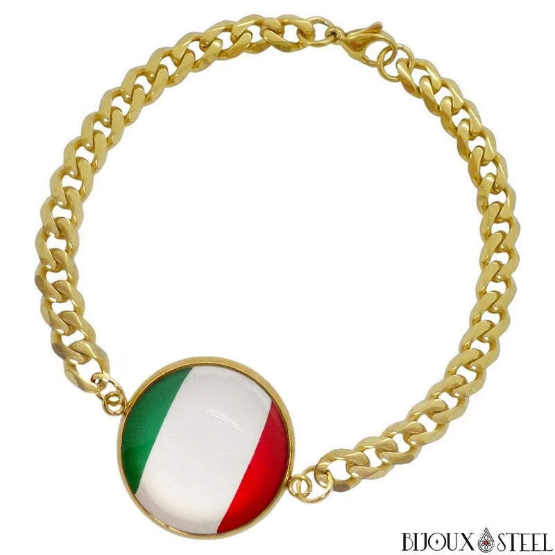 Bracelet homme maille cubaine drapeau de l'Italie en acier inoxydable