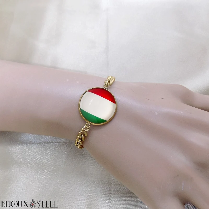 Bracelet homme maille cubaine drapeau de l'Italie en acier inoxydable