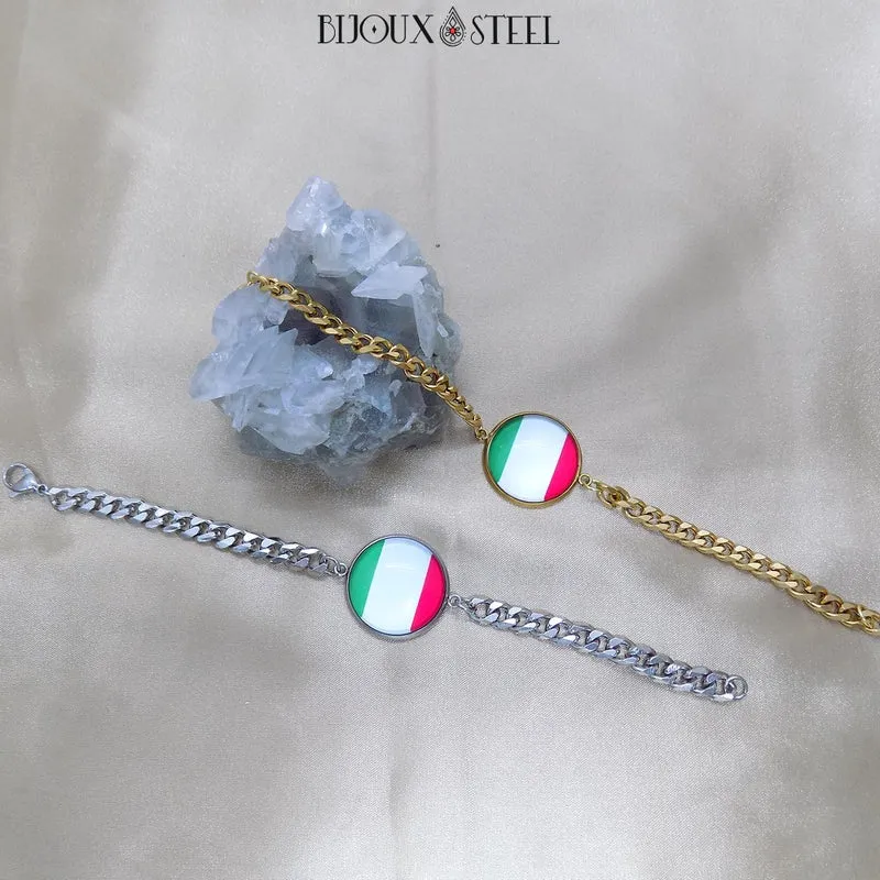 Bracelet homme maille cubaine drapeau de l'Italie en acier inoxydable