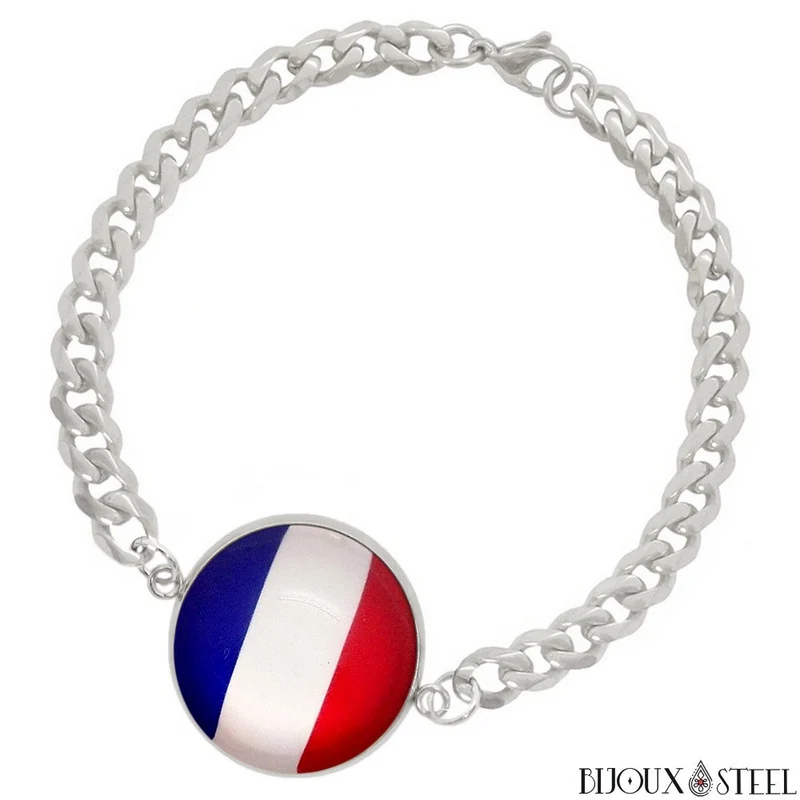 Bracelet homme maille cubaine drapeau de la France en acier inoxydable