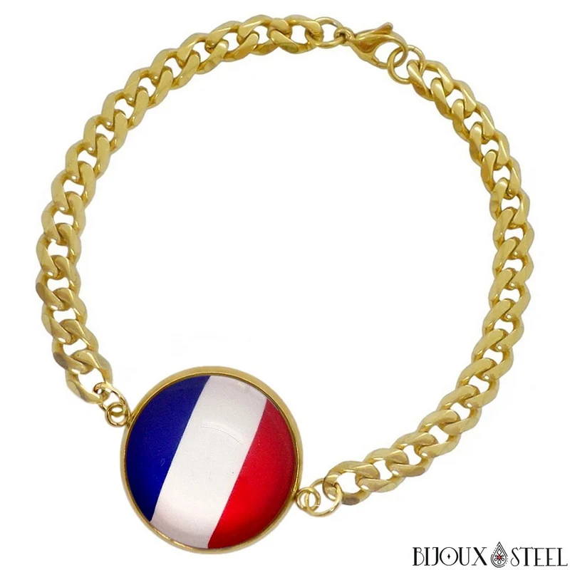 Bracelet homme maille cubaine drapeau de la France en acier inoxydable