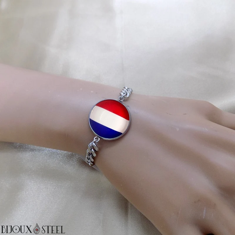 Bracelet homme maille cubaine drapeau de la France en acier inoxydable