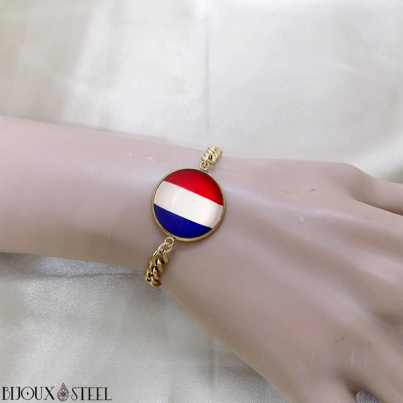 Bracelet homme maille cubaine drapeau de la France en acier inoxydable