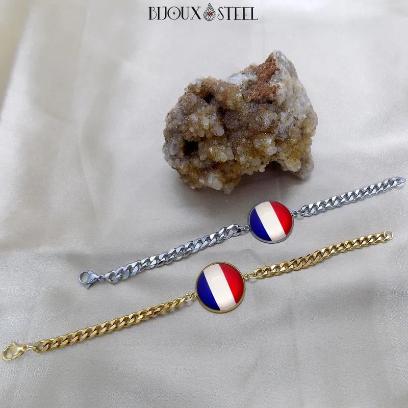 Bracelet homme maille cubaine drapeau de la France en acier inoxydable