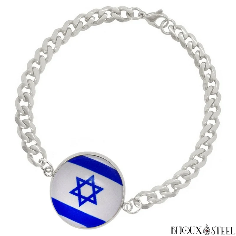 Bracelet homme maille cubaine drapeau d'Israël en acier inoxydable