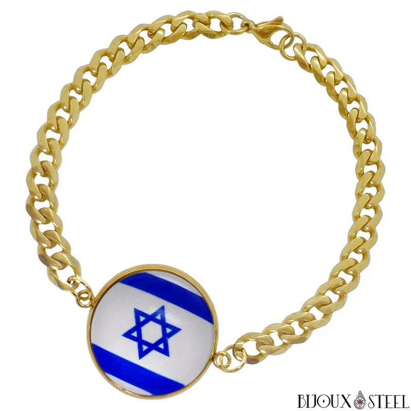 Bracelet homme maille cubaine drapeau d'Israël en acier inoxydable