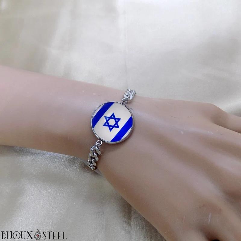 Bracelet homme maille cubaine drapeau d'Israël en acier inoxydable