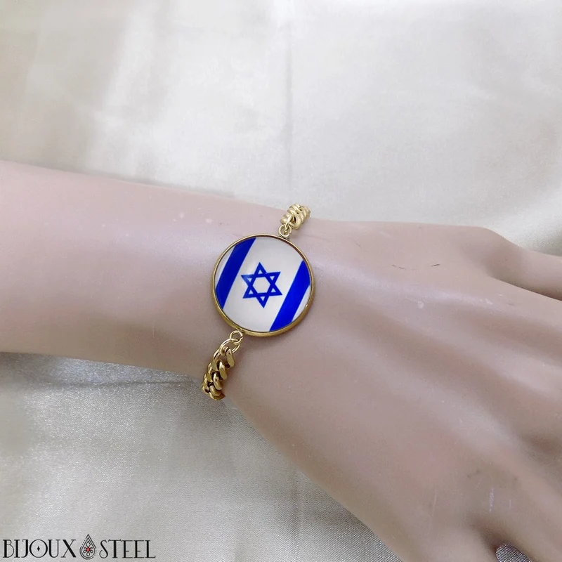 Bracelet homme maille cubaine drapeau d'Israël en acier inoxydable