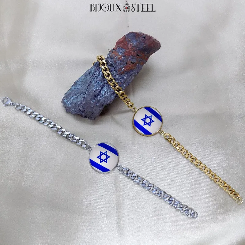 Bracelet homme maille cubaine drapeau d'Israël en acier inoxydable