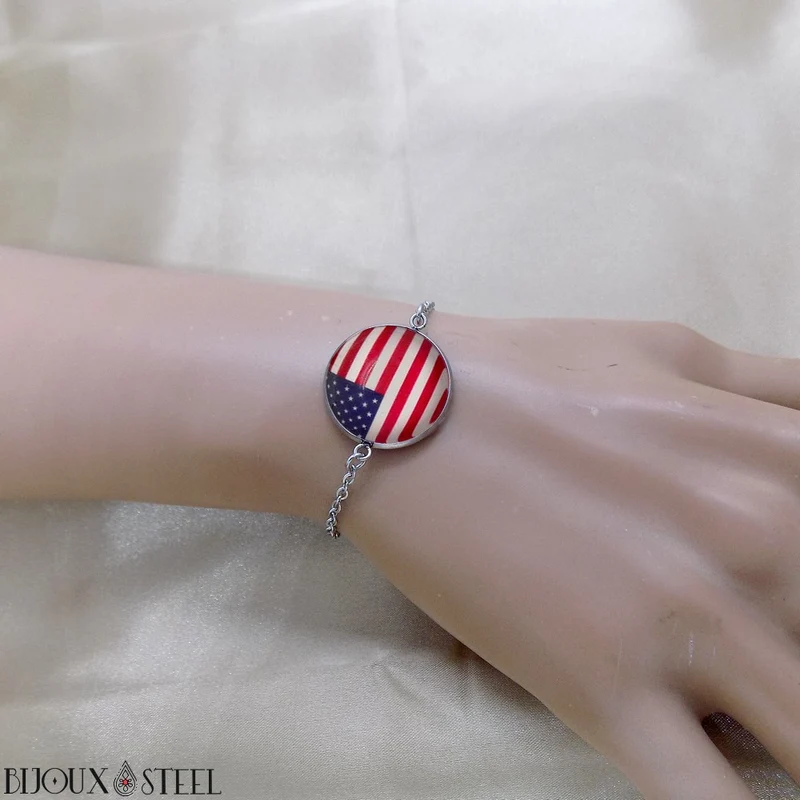 Bracelet femme drapeau des États-Unis en acier inoxydable