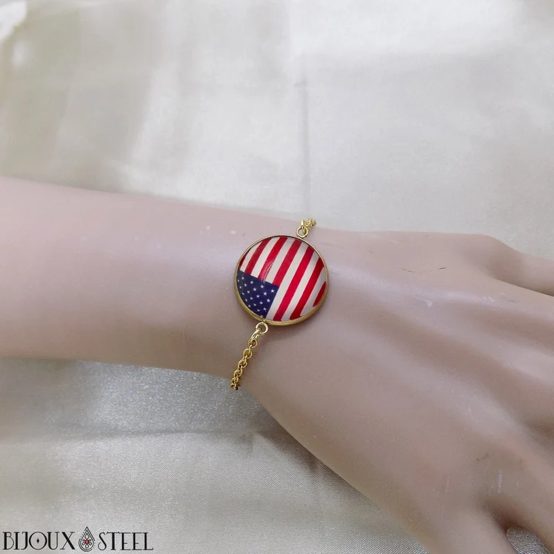 Bracelet femme drapeau des États-Unis en acier inoxydable