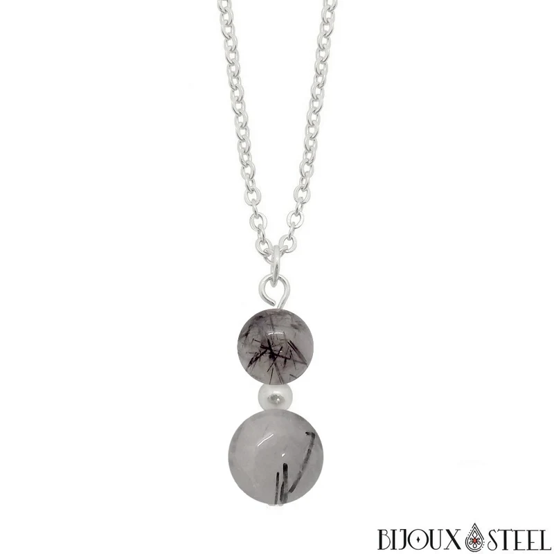 Collier à pendentif deux perles en pierre de quartz tourmaline