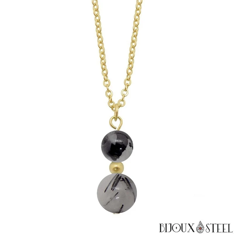 Collier à pendentif deux perles en pierre de quartz tourmaline
