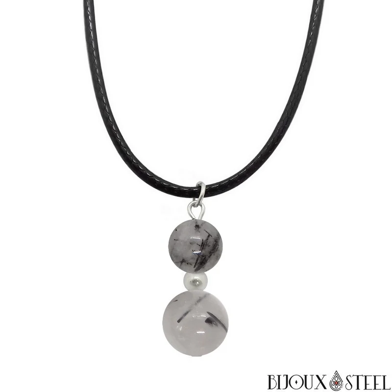 Collier à pendentif deux perles en pierre de quartz tourmaline