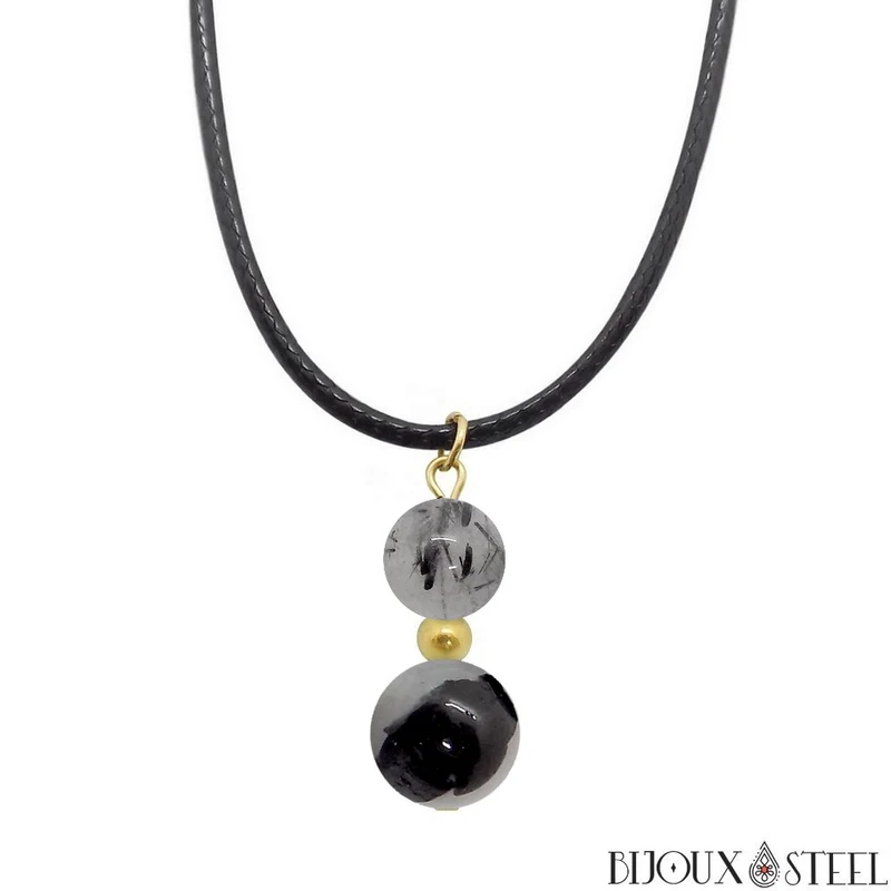 Collier à pendentif deux perles en pierre de quartz tourmaline