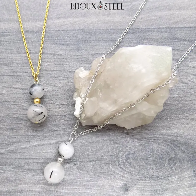 Collier à pendentif deux perles en pierre de quartz tourmaline