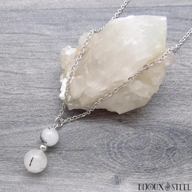 Collier à pendentif deux perles en pierre de quartz tourmaline