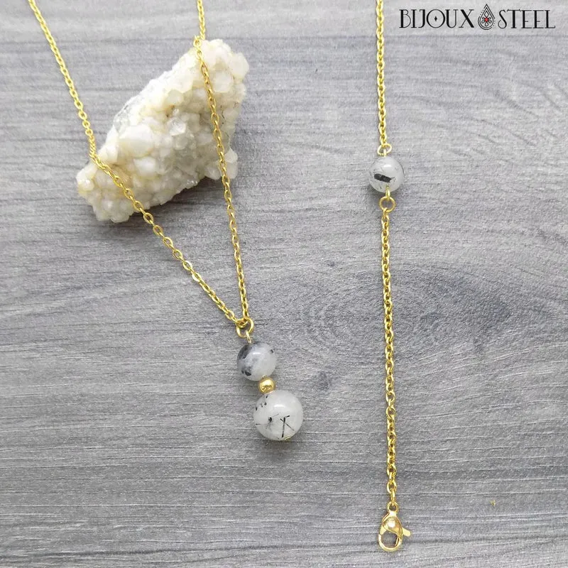 Collier à pendentif deux perles en pierre de quartz tourmaline