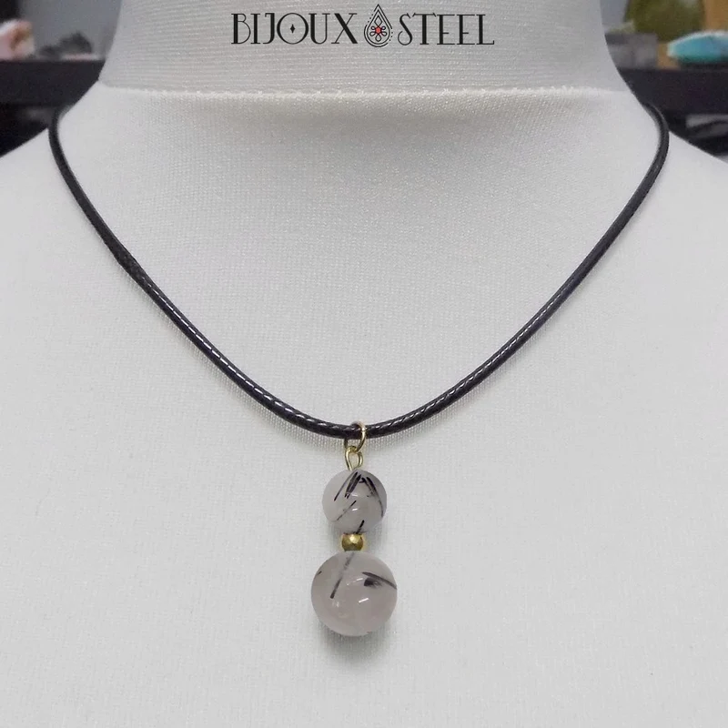 Collier à pendentif deux perles en pierre de quartz tourmaline