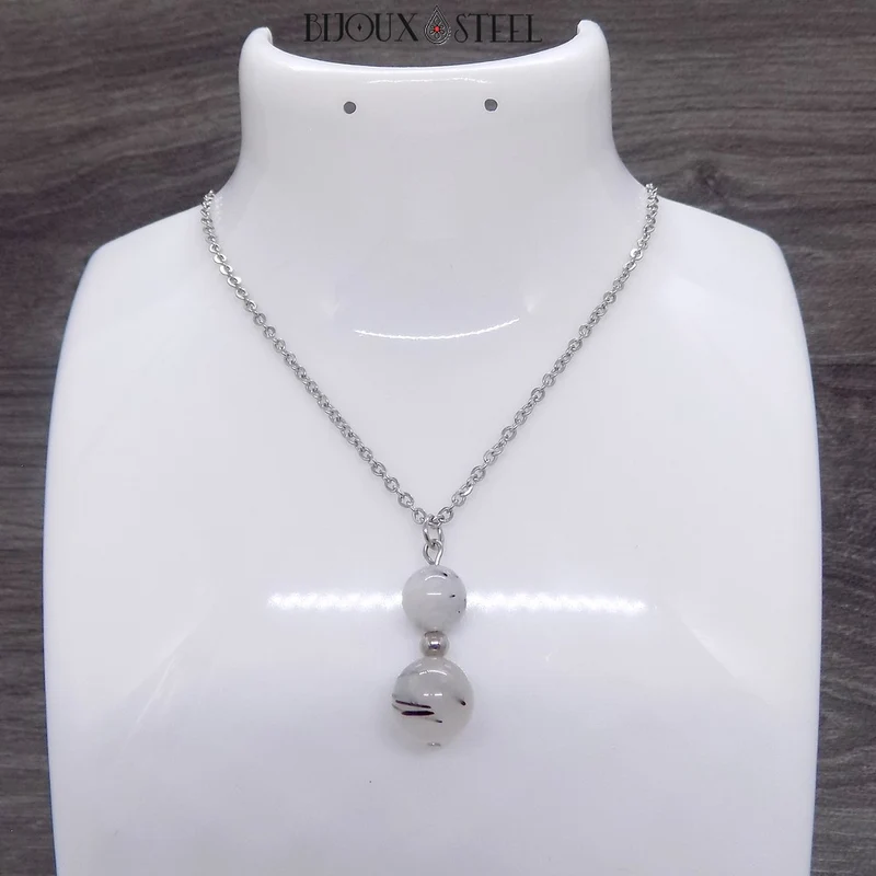 Collier à pendentif deux perles en pierre de quartz tourmaline