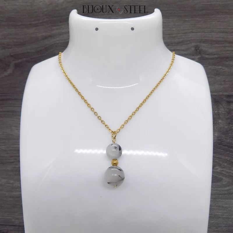 Collier à pendentif deux perles en pierre de quartz tourmaline