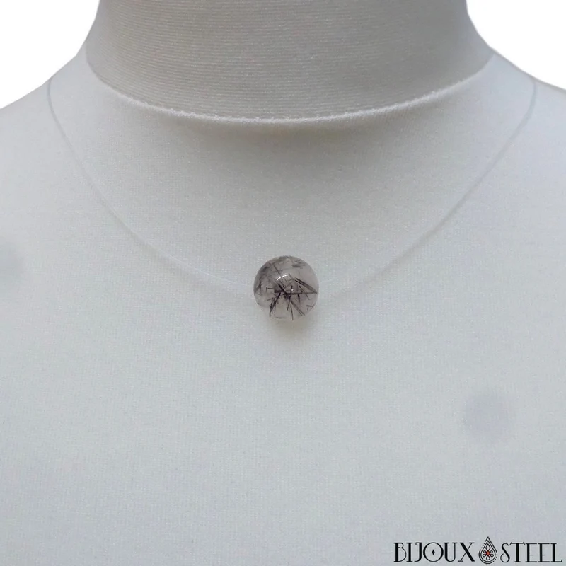 Collier à perle de quartz tourmaline sur fil de nylon