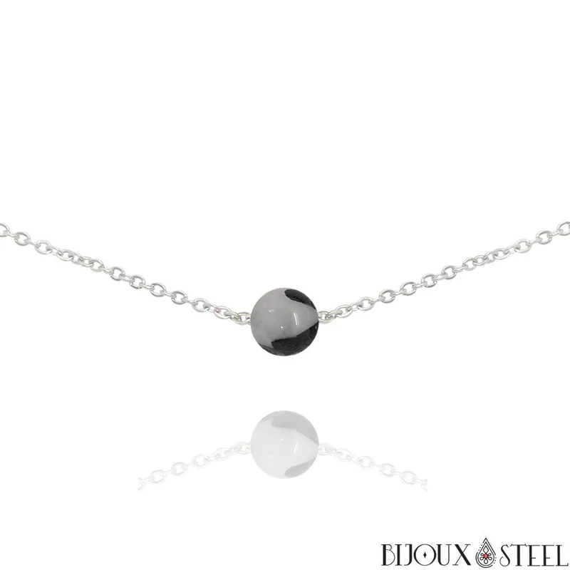Collier à perle de quartz tourmaline en acier inoxydable