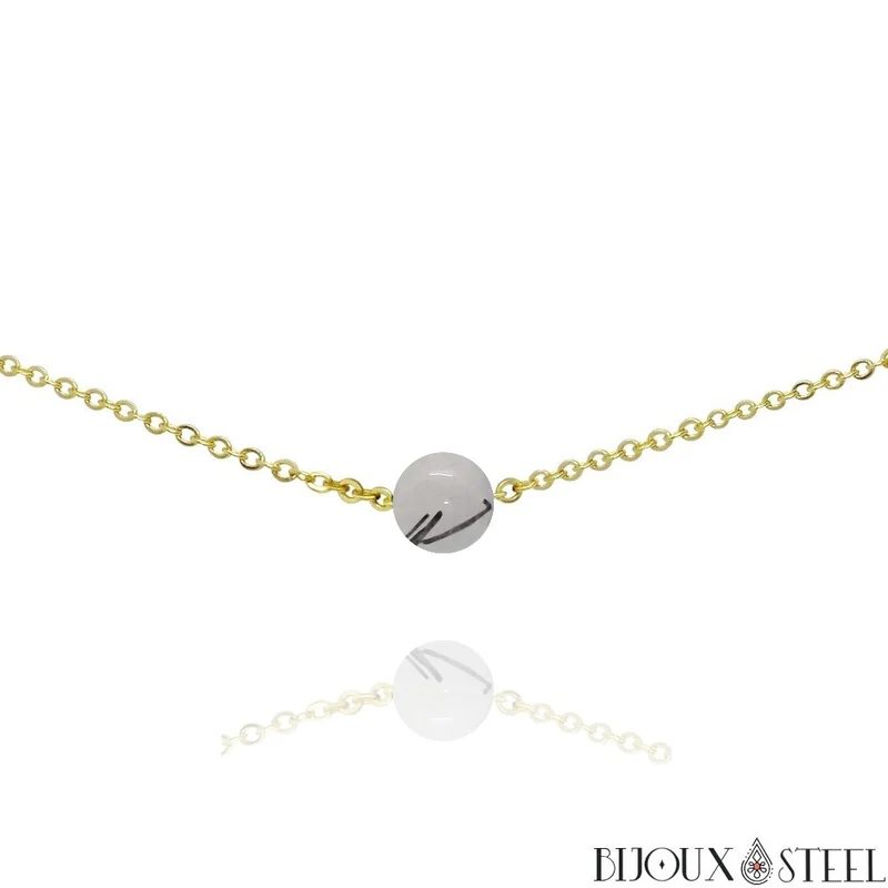 Collier à perle de quartz tourmaline en acier inoxydable