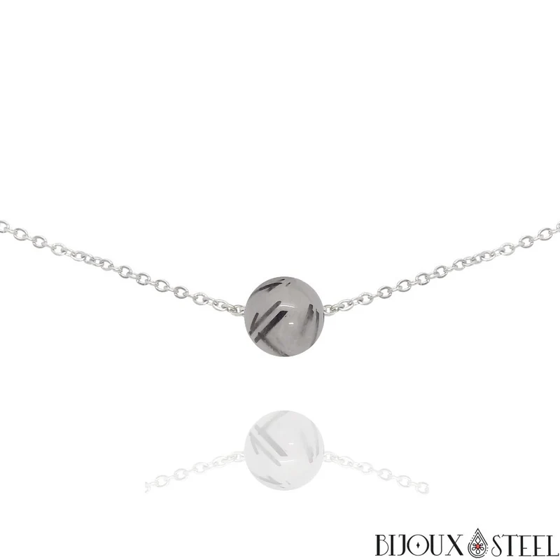 Collier à perle de quartz tourmaline en acier inoxydable