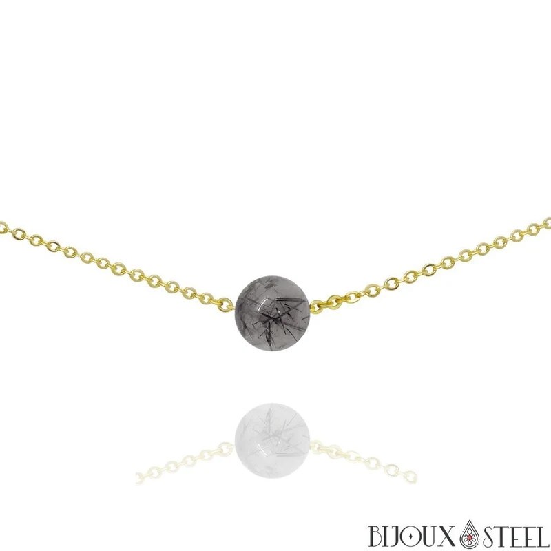 Collier à perle de quartz tourmaline en acier inoxydable