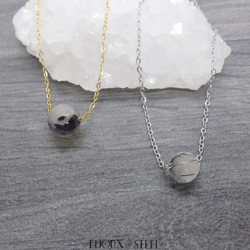 Collier à perle de quartz tourmaline en acier inoxydable